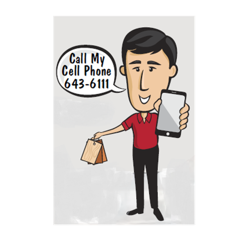 Graphic of a person holding up a phone saying Call my cell phone 643-6111 - Korfhage Floor Covering in the Louisville, KY area